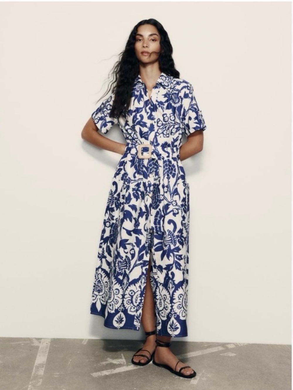 Zara Blue & White Belted Dress Size Medium Like New